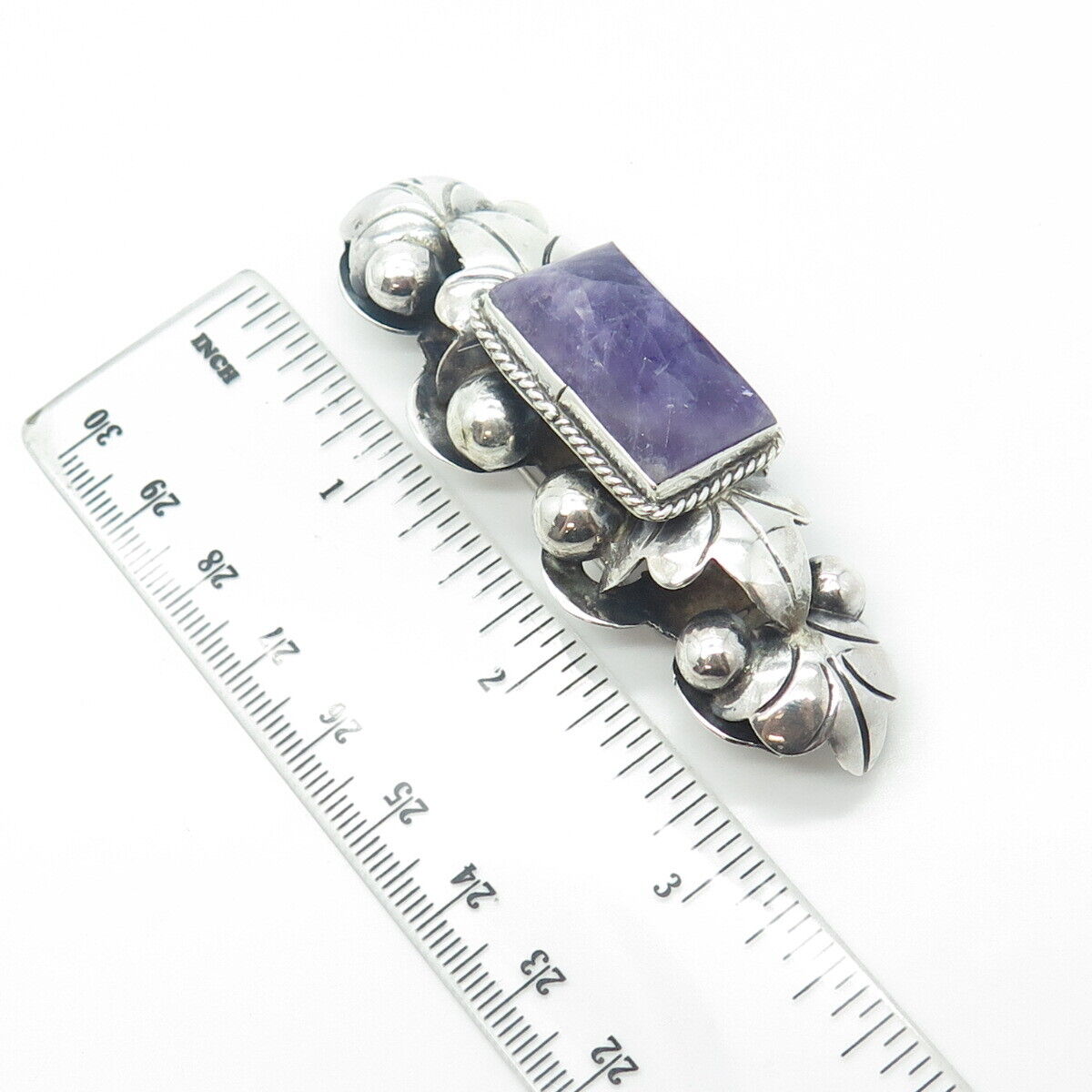 925 Sterling Silver Antique Art Deco Mexico Real Amethyst Gem Ornate Pin Brooch