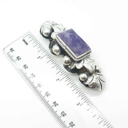 925 Sterling Silver Antique Art Deco Mexico Real Amethyst Gem Ornate Pin Brooch