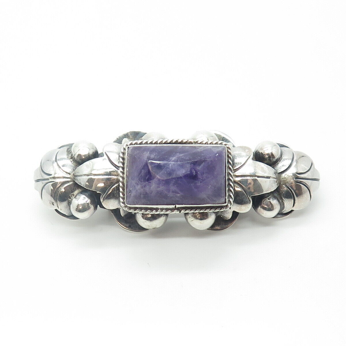 925 Sterling Silver Antique Art Deco Mexico Real Amethyst Gem Ornate Pin Brooch