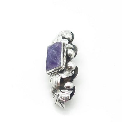 925 Sterling Silver Antique Art Deco Mexico Real Amethyst Gem Ornate Pin Brooch