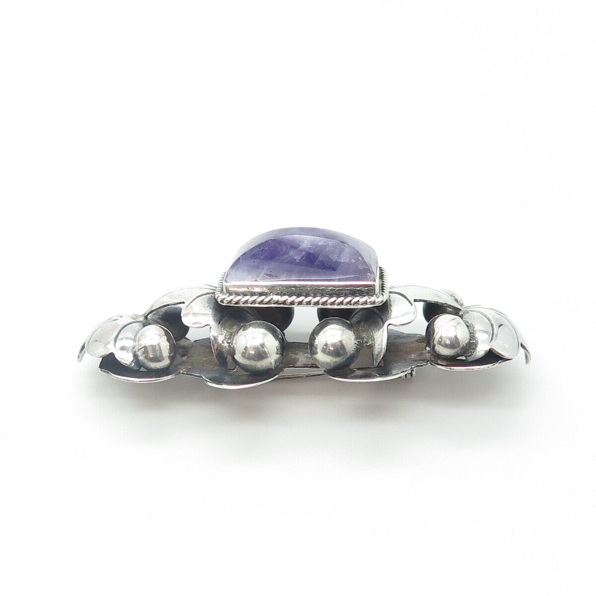 925 Sterling Silver Antique Art Deco Mexico Real Amethyst Gem Ornate Pin Brooch