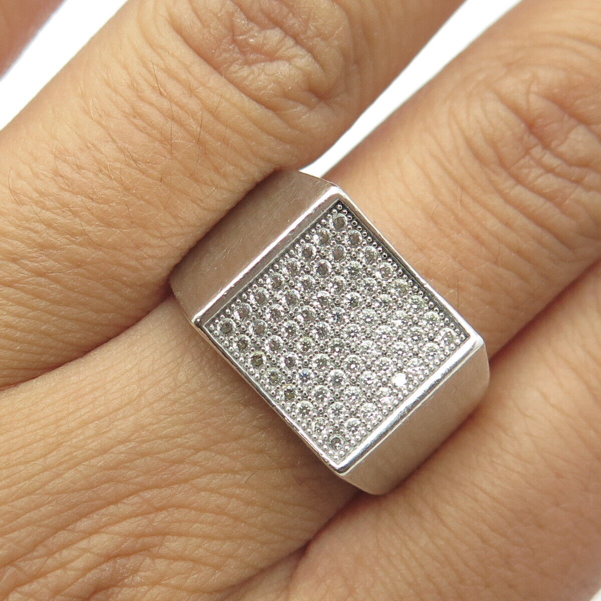 925 Sterling Silver White C Z  Iced Out Cluster Square Statement Ring Size 9