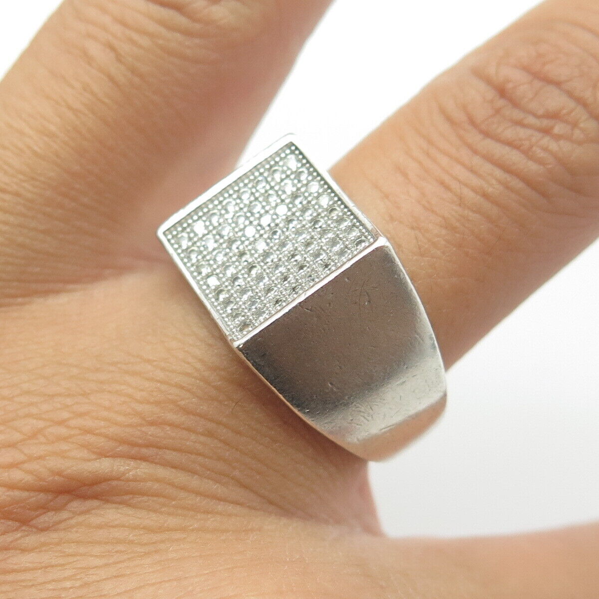 925 Sterling Silver White C Z  Iced Out Cluster Square Statement Ring Size 9