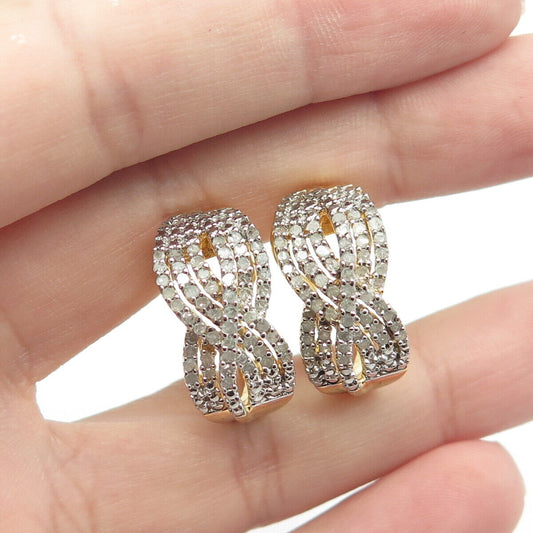 925 Sterling Silver Gold Plated SUN Real Diamond Crossover Omega Back Earrings