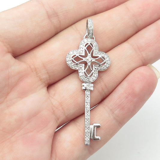 925 Sterling Silver Real White Diamond Retro Key Pendant