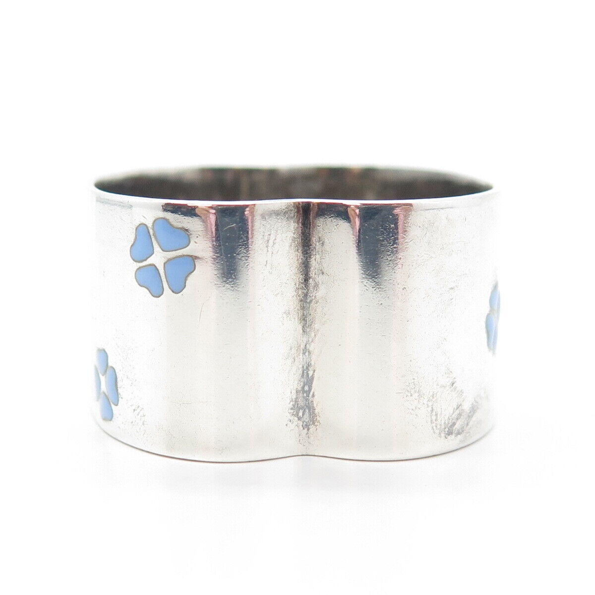 J. STARK 925S Sterling Silver Vintage Blue Enamel Floral Napkin Ring