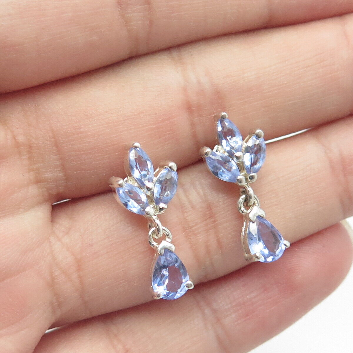 925 Sterling Silver Teardrop & Marquise-Cut Blue C Z Dangle Drop Earrings