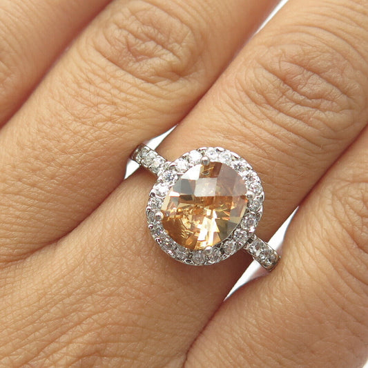 925 Sterling Silver Oval-Cut Brown & White C Z Engagement Ring Size 9.5