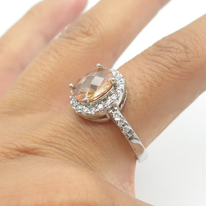 925 Sterling Silver Oval-Cut Brown & White C Z Engagement Ring Size 9.5