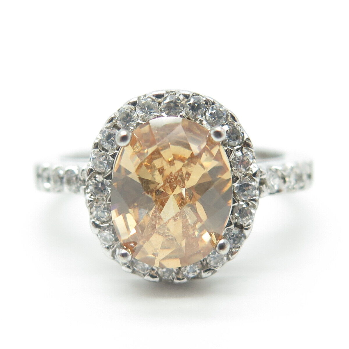 925 Sterling Silver Oval-Cut Brown & White C Z Engagement Ring Size 9.5