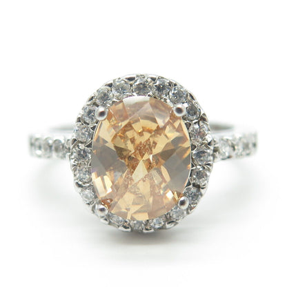 925 Sterling Silver Oval-Cut Brown & White C Z Engagement Ring Size 9.5