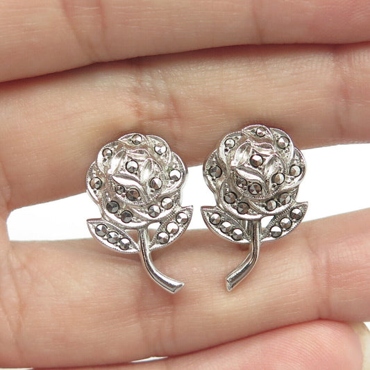 925 Sterling Silver Vintage Real Marcasite Rose Flower Drop Earrings