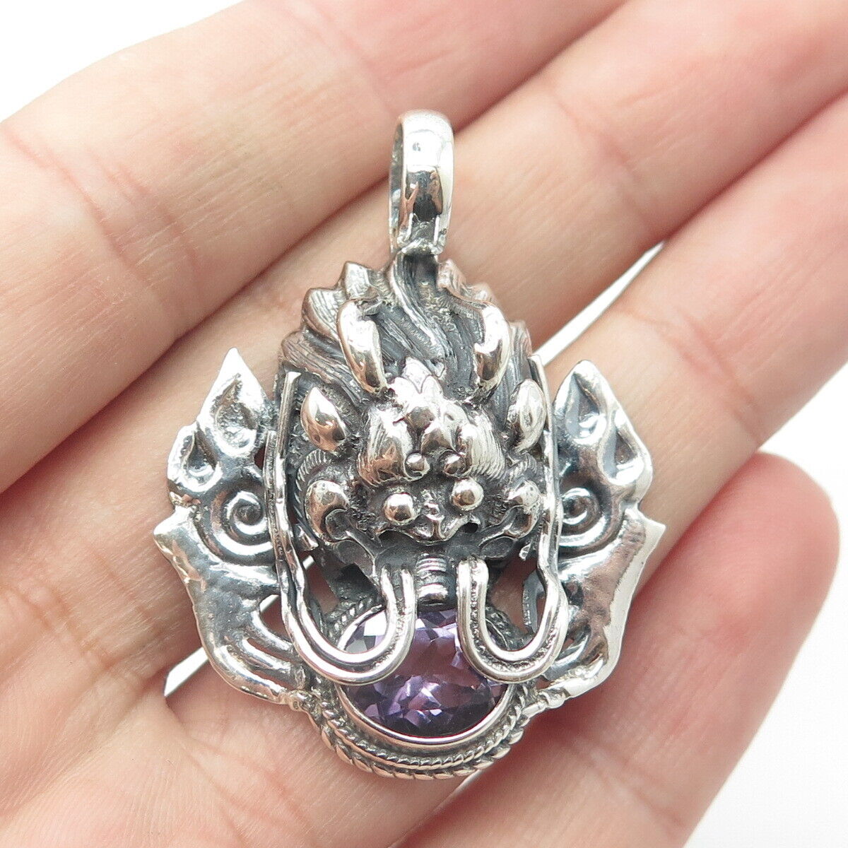 925 Sterling Silver Vintage PTI Nepal Real Amethyst Dragon Pendant