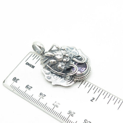 925 Sterling Silver Vintage PTI Nepal Real Amethyst Dragon Pendant