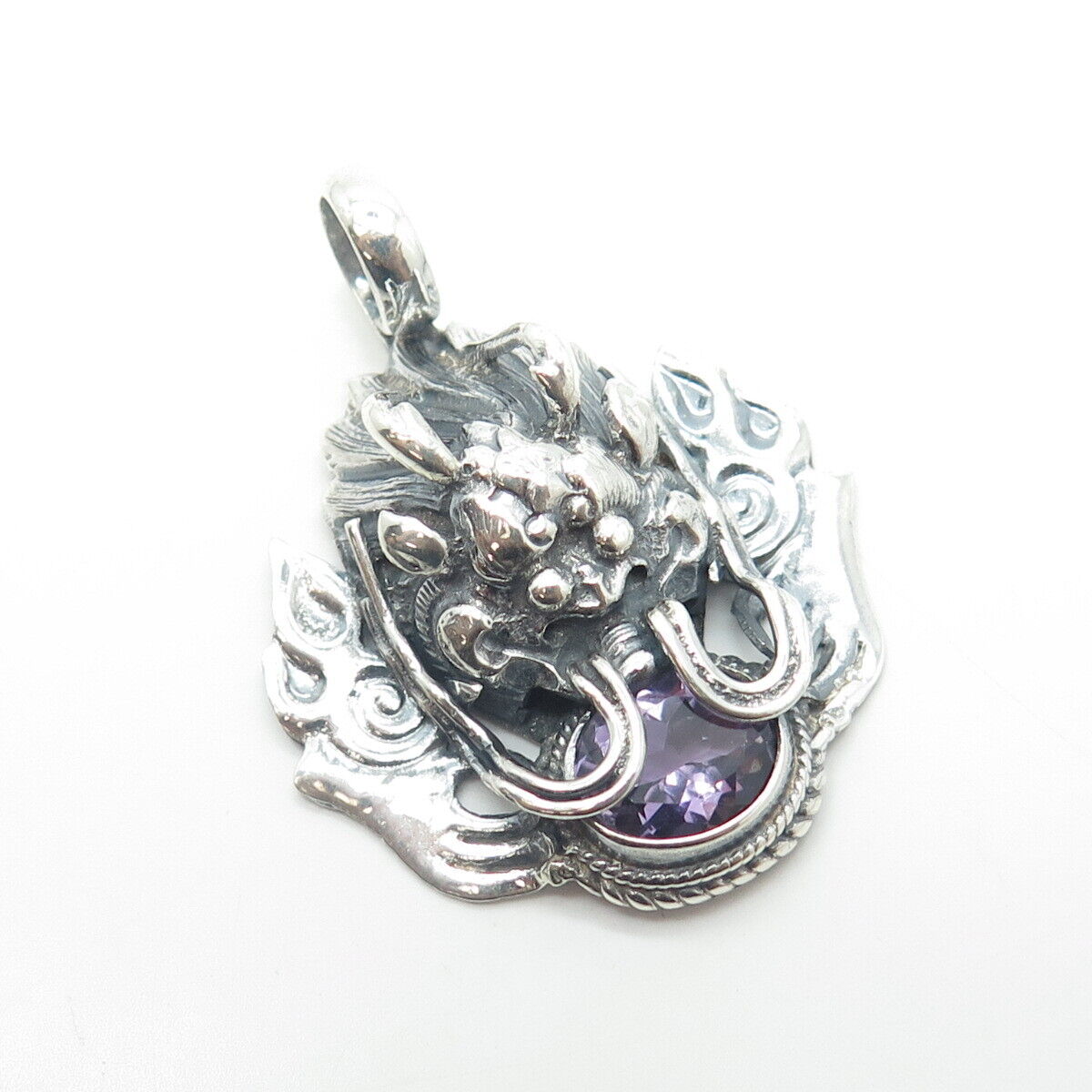 925 Sterling Silver Vintage PTI Nepal Real Amethyst Dragon Pendant