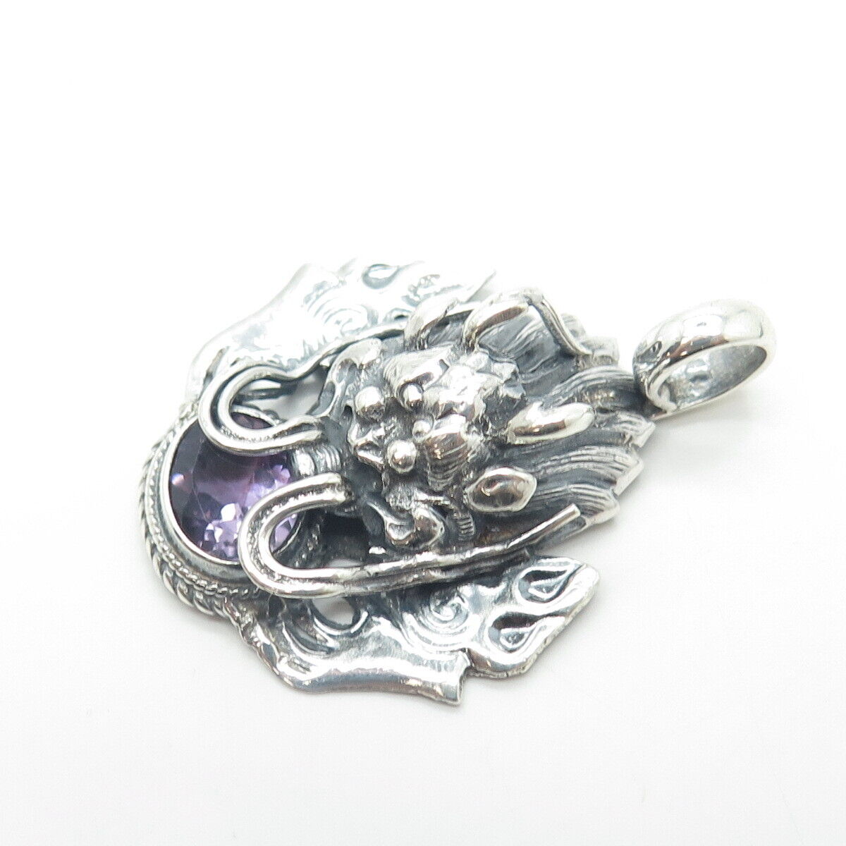 925 Sterling Silver Vintage PTI Nepal Real Amethyst Dragon Pendant