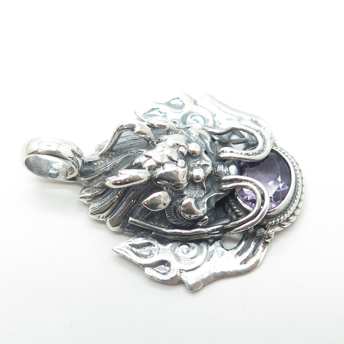 925 Sterling Silver Vintage PTI Nepal Real Amethyst Dragon Pendant