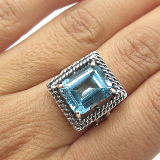 925 Sterling Silver Vintage Real Emerald-Cut Shaped Blue Topaz Ring Size 8