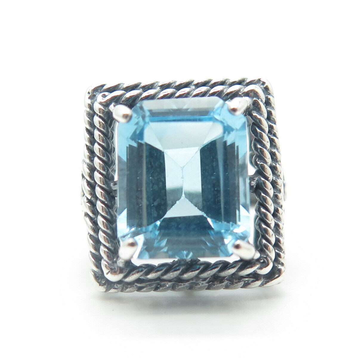 925 Sterling Silver Vintage Real Emerald-Cut Shaped Blue Topaz Ring Size 8