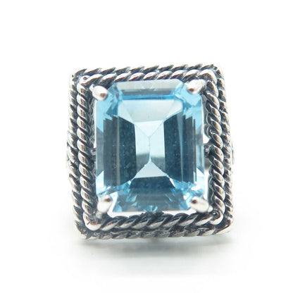 925 Sterling Silver Vintage Real Emerald-Cut Shaped Blue Topaz Ring Size 8