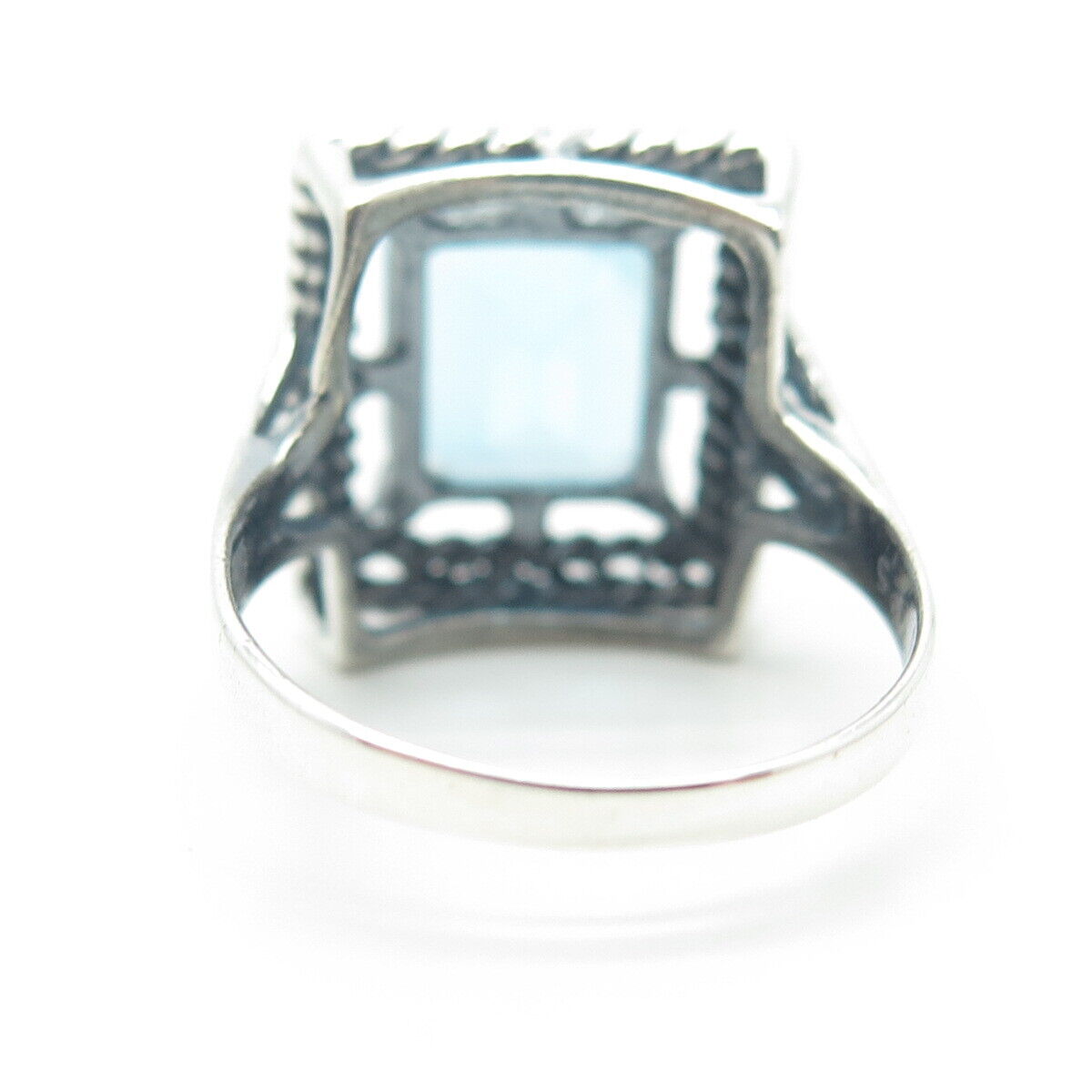 925 Sterling Silver Vintage Real Emerald-Cut Shaped Blue Topaz Ring Size 8