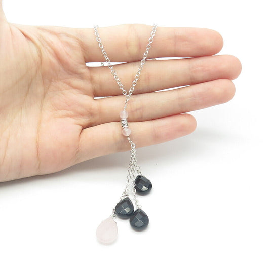 925 Sterling Silver Black Onyx & Rose Quartz Dangling Cable Chain Necklace 18"