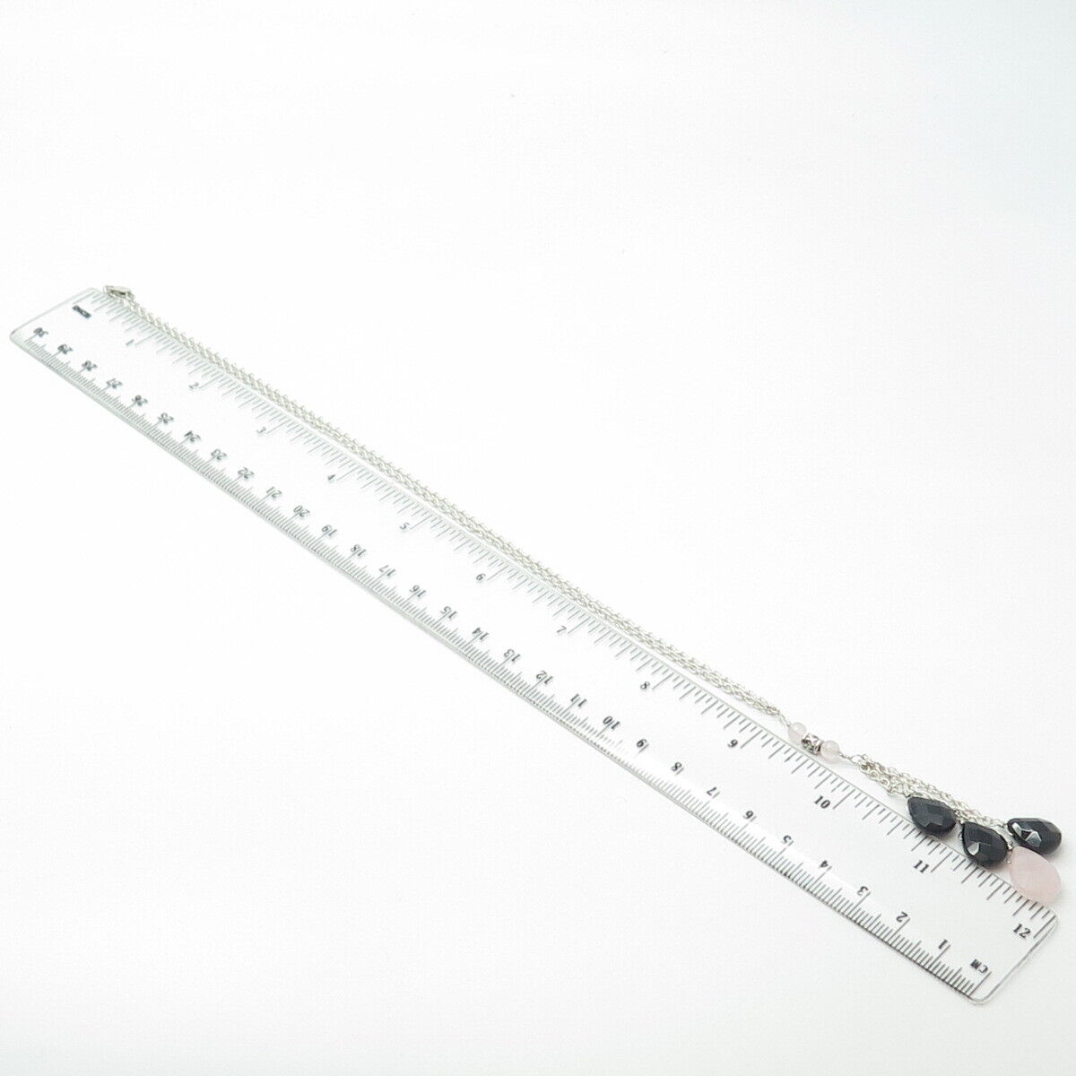 925 Sterling Silver Black Onyx & Rose Quartz Dangling Cable Chain Necklace 18"