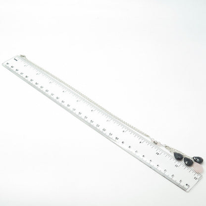 925 Sterling Silver Black Onyx & Rose Quartz Dangling Cable Chain Necklace 18"