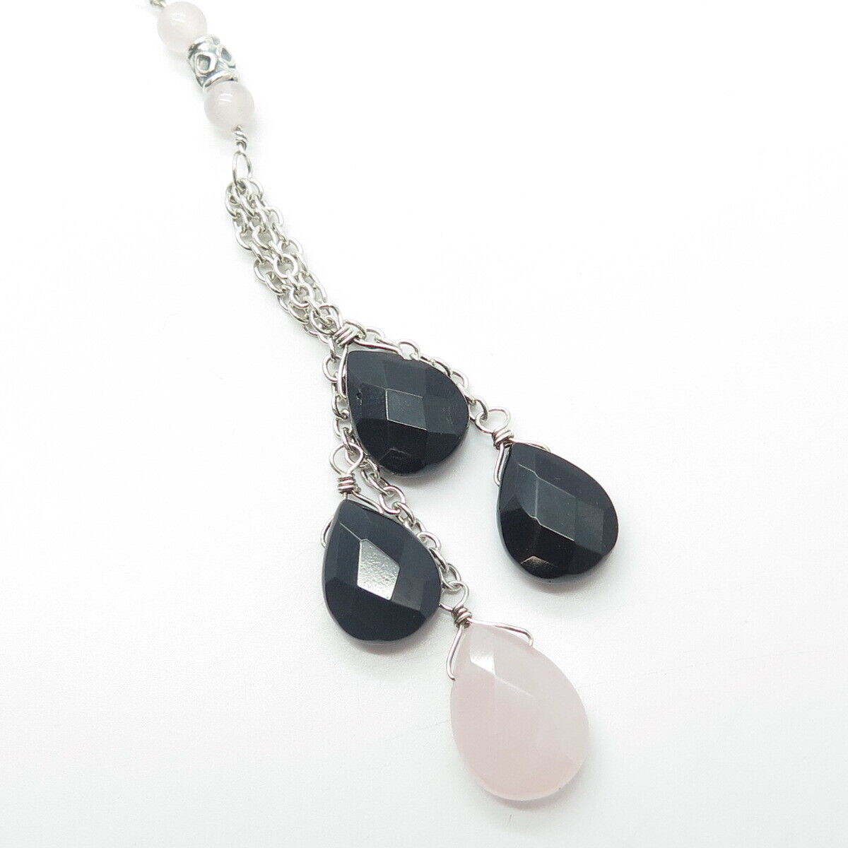 925 Sterling Silver Black Onyx & Rose Quartz Dangling Cable Chain Necklace 18"