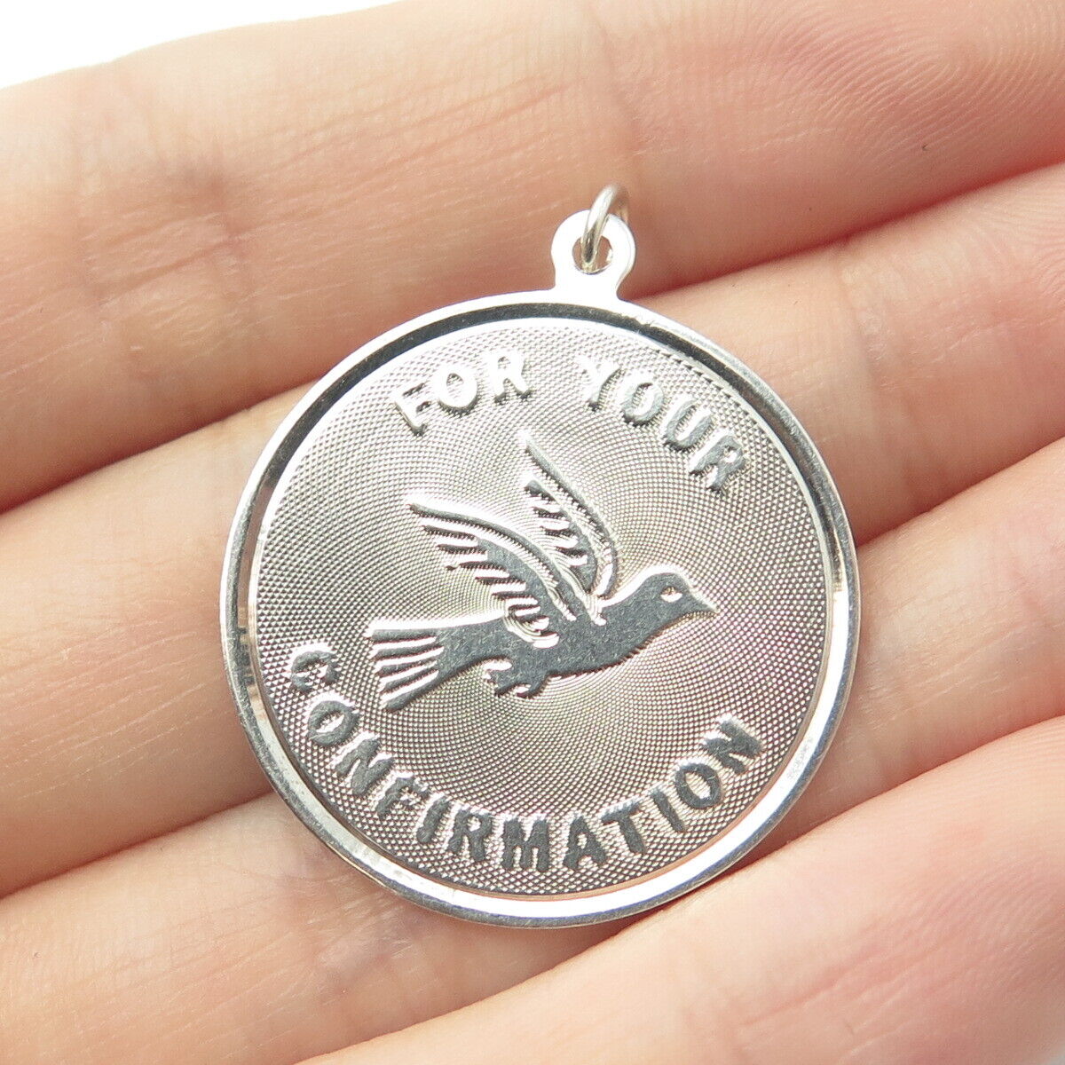 925 Sterling Silver Vintage "For Your Confirmation" Dove Bird Round Tag Pendant