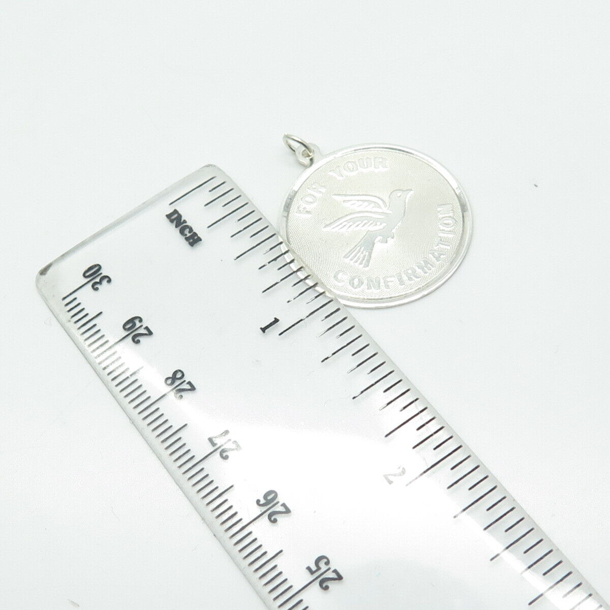 925 Sterling Silver Vintage "For Your Confirmation" Dove Bird Round Tag Pendant