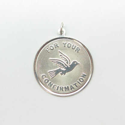 925 Sterling Silver Vintage "For Your Confirmation" Dove Bird Round Tag Pendant