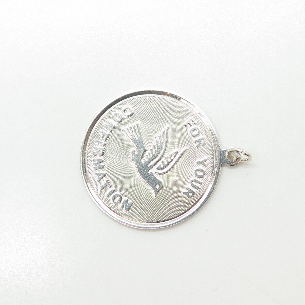 925 Sterling Silver Vintage "For Your Confirmation" Dove Bird Round Tag Pendant