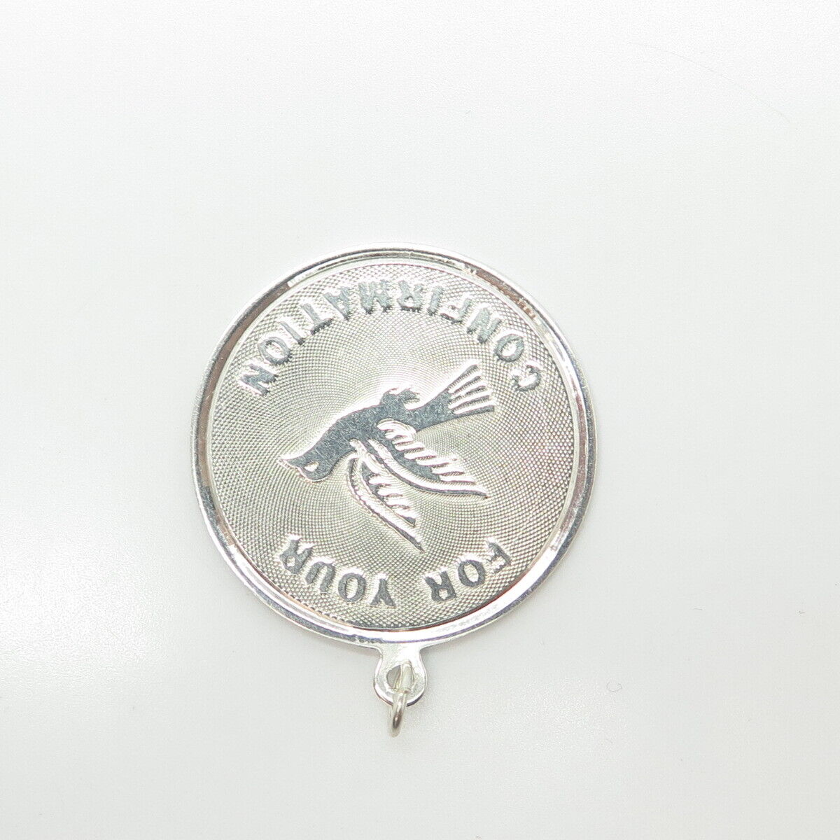 925 Sterling Silver Vintage "For Your Confirmation" Dove Bird Round Tag Pendant