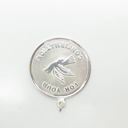 925 Sterling Silver Vintage "For Your Confirmation" Dove Bird Round Tag Pendant