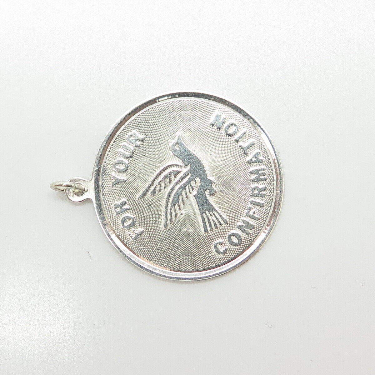 925 Sterling Silver Vintage "For Your Confirmation" Dove Bird Round Tag Pendant