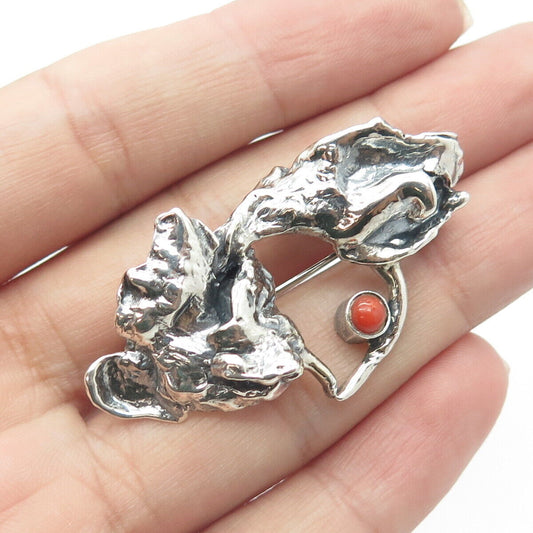 900 Silver Vintage Israel Real Coral Modernist Handmade Pin Brooch / Pendant