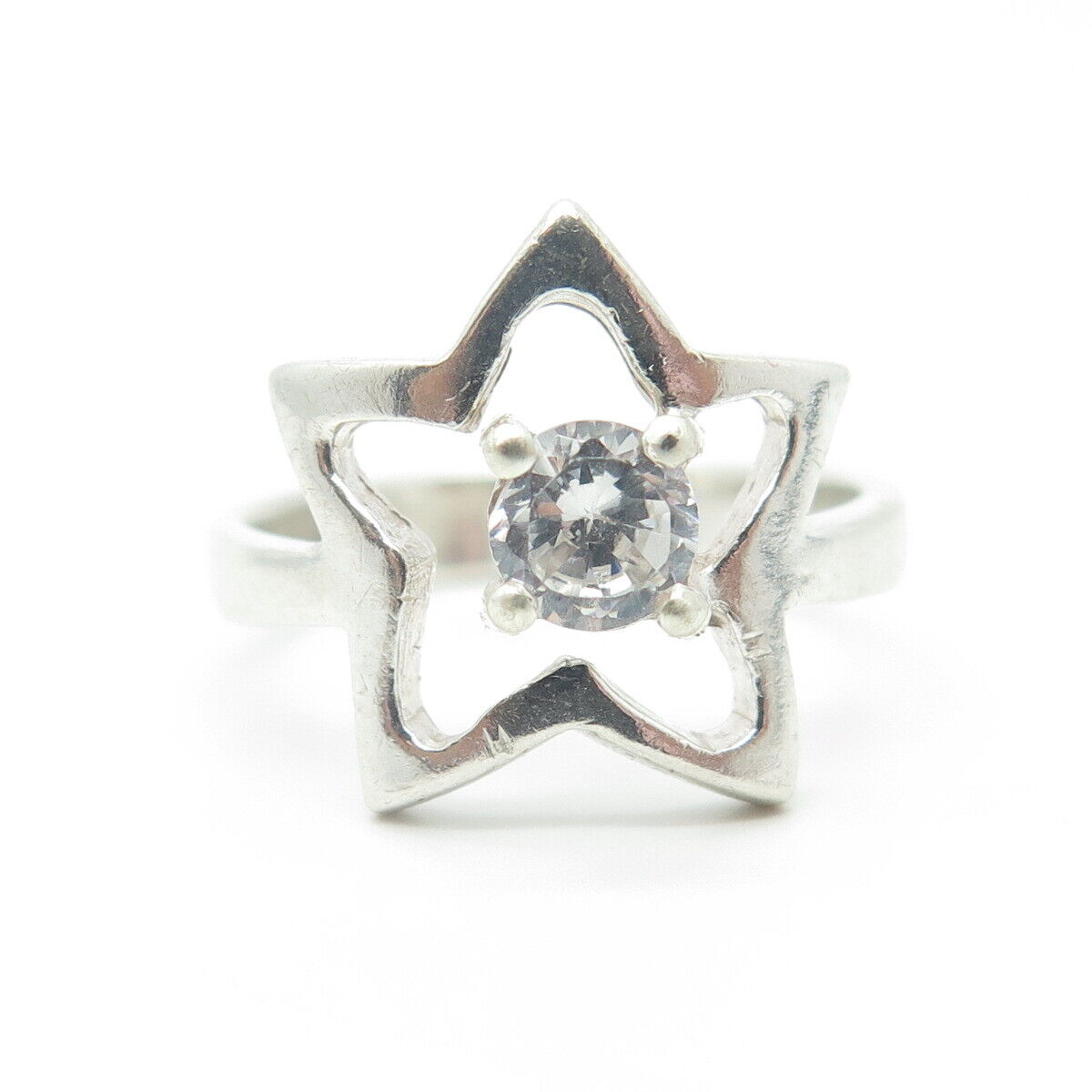 925 Sterling Silver Vintage Single-Cut Round Shaped C Z Star Ring Size 6.75