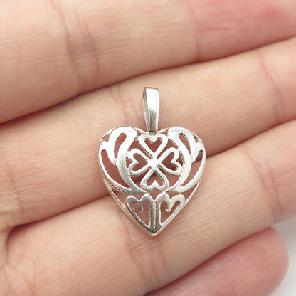 925 Sterling Silver Vintage Clover & Heart Dome Lucky Charm Pendant