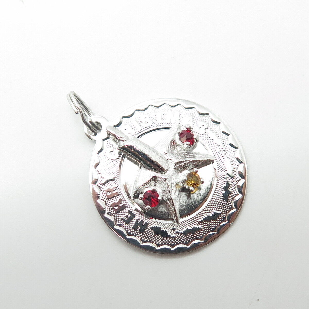 925 Sterling Silver Vintage Red & Yellow Rhinestone "Merry Christmas" Pendant