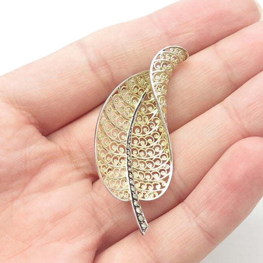 800 Silver 2-Tone Vintage Real Marcasite Gemstone Leaf Pin Brooch