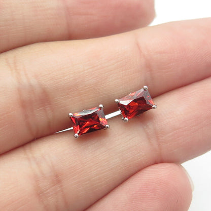 925 Sterling Silver Emerald-Cut Shaped Red C Z Stud Earrings