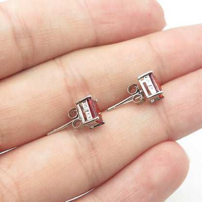 925 Sterling Silver Emerald-Cut Shaped Red C Z Stud Earrings