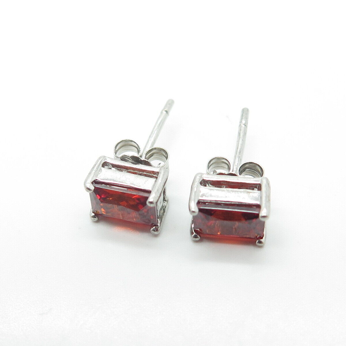 925 Sterling Silver Emerald-Cut Shaped Red C Z Stud Earrings