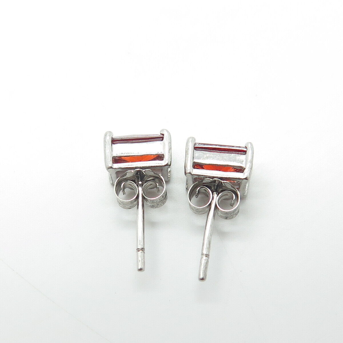 925 Sterling Silver Emerald-Cut Shaped Red C Z Stud Earrings