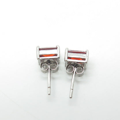925 Sterling Silver Emerald-Cut Shaped Red C Z Stud Earrings