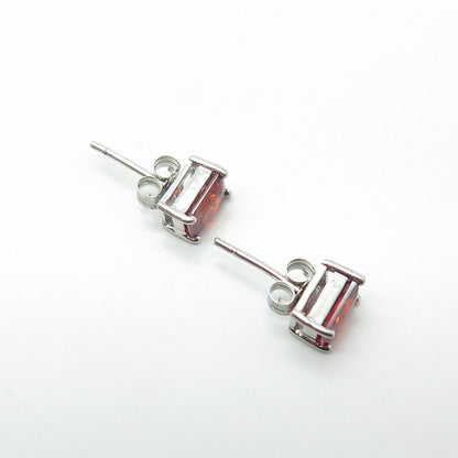 925 Sterling Silver Emerald-Cut Shaped Red C Z Stud Earrings