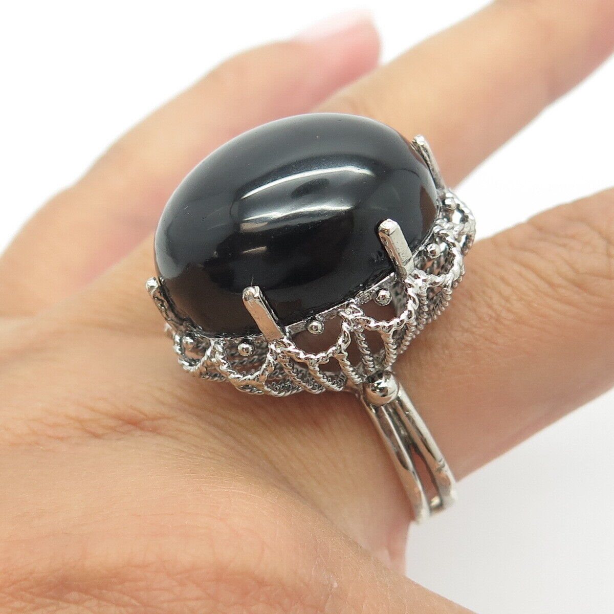 925 Sterling Silver Vintage Real Black Onyx Gemstone Ring Size 10.5