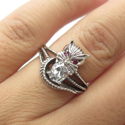 925 Sterling Silver Vintage Real Pink Sapphire Gemstone & C Z Cat Ring Size 5.75