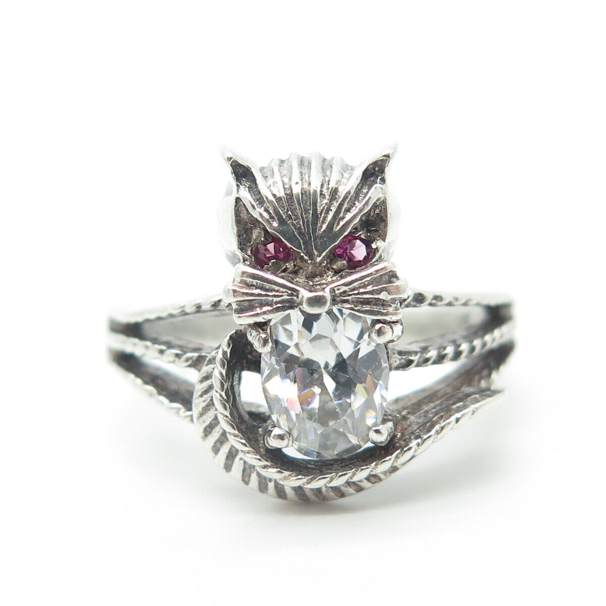 925 Sterling Silver Vintage Real Pink Sapphire Gemstone & C Z Cat Ring Size 5.75